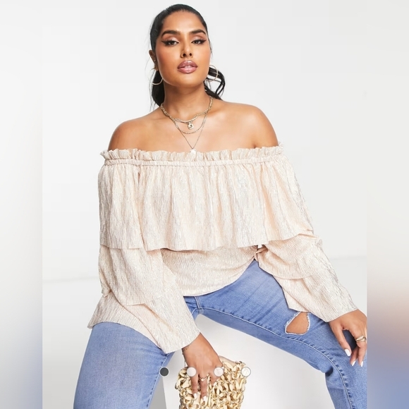 River Island Plus Plisse Bardot Off-Shoulder Cream Ruffle Top - Picture 1 of 15